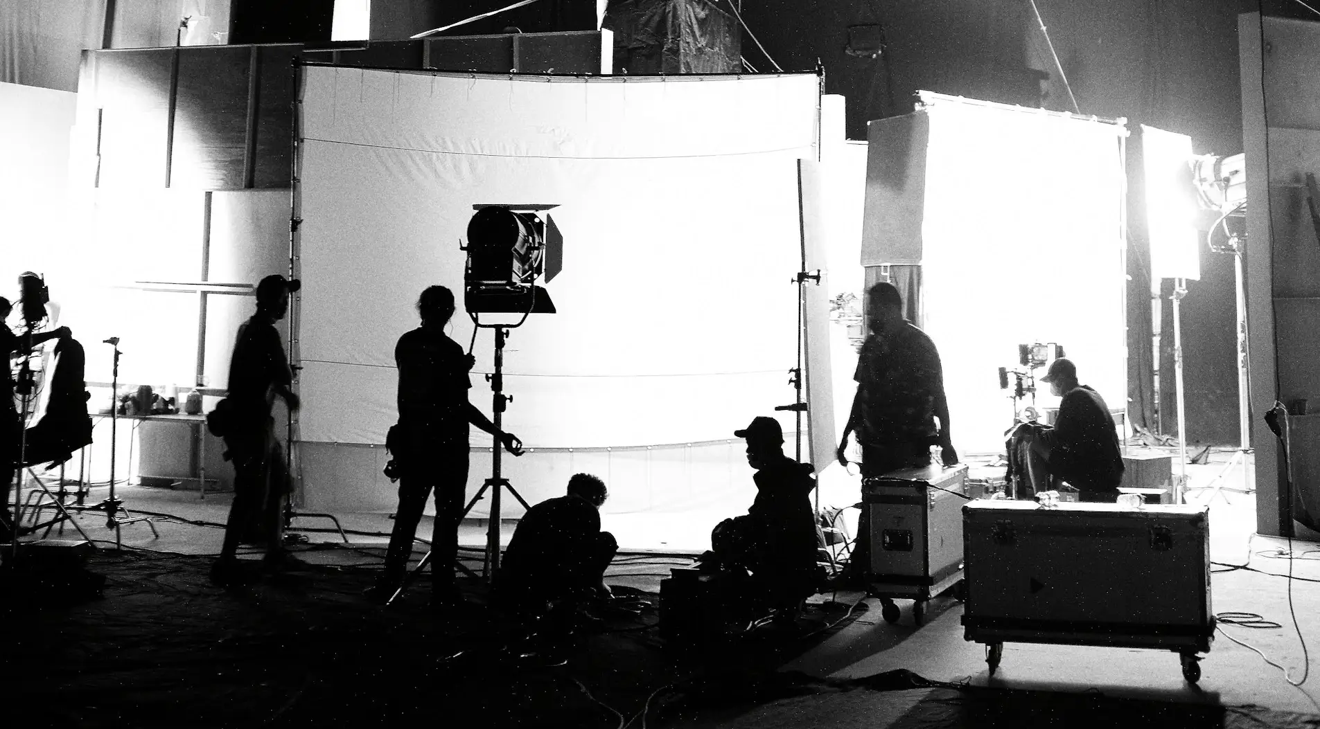 Wide shot from a shoot — the whole crew on set